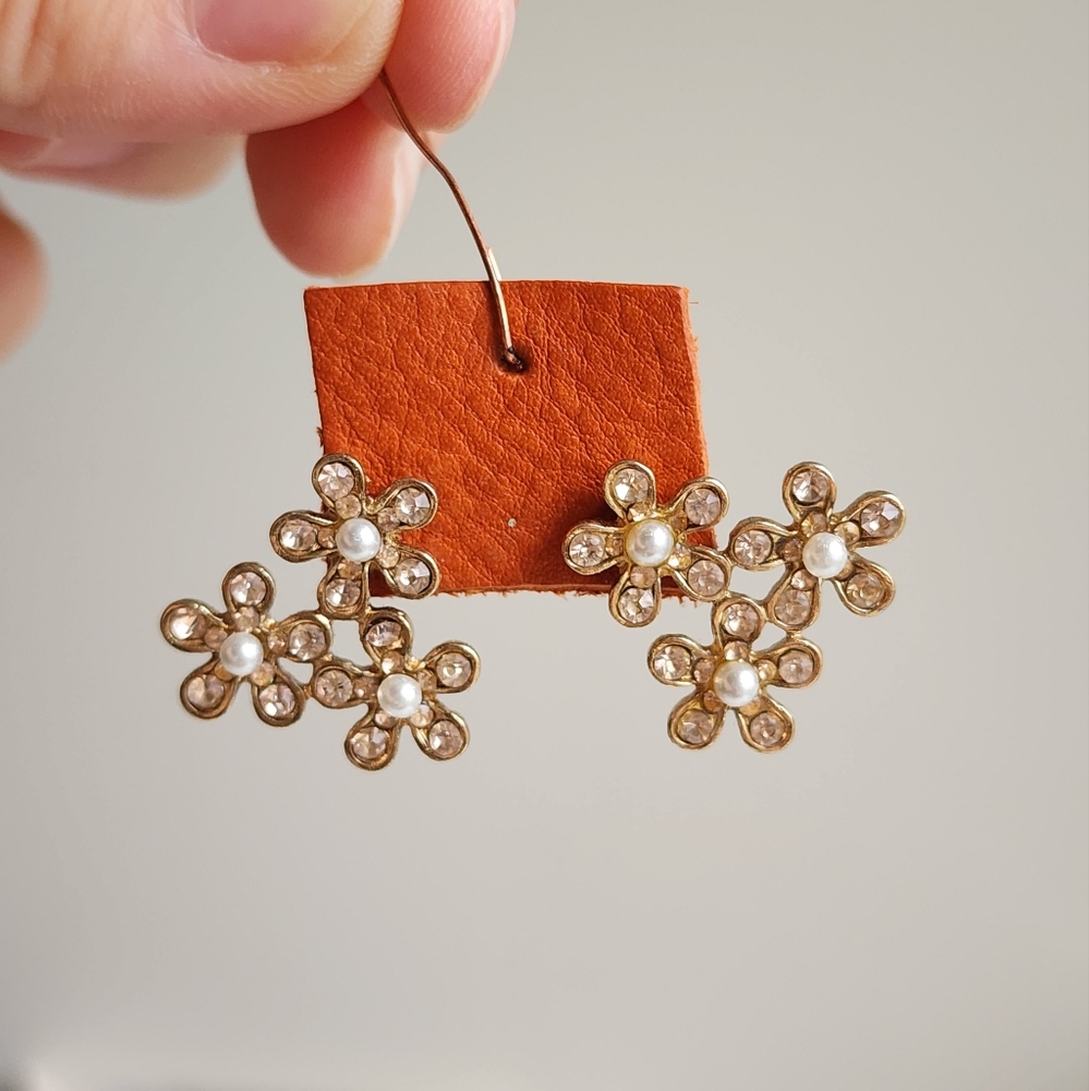 Tri-Flower with Pearl Center Stud Earrings
